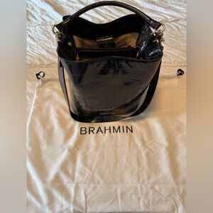 Brahmin Glossy Black Croc Shoulder Bag/Purse, 2 straps, inner pockets